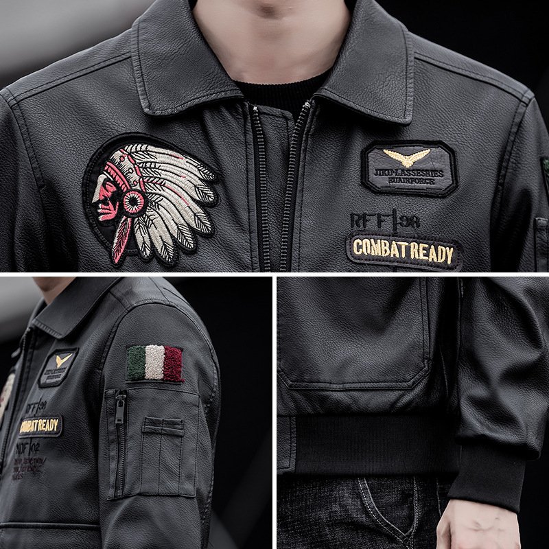 Autumn and Winter Embroidered Motorcycle Clothing Men's Baseball Jacket Leather PU Jacket Coat