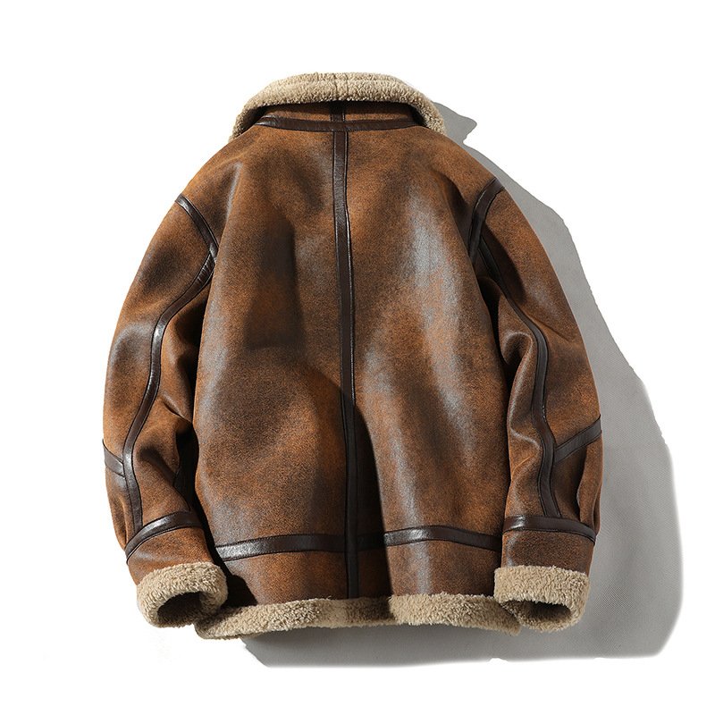 Men's Winter Faux Brown Leather Jacket Lined Fleece Coat Motorcycle Zipper Up Suede Lambswool Fleece High Street Bomber Jackets