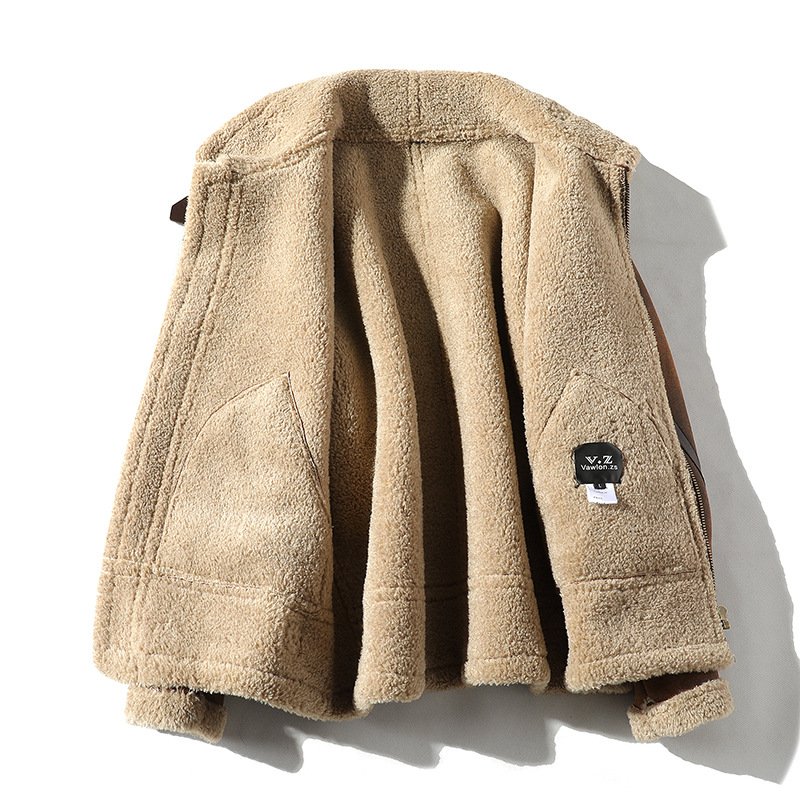 Men's Winter Faux Brown Leather Jacket Lined Fleece Coat Motorcycle Zipper Up Suede Lambswool Fleece High Street Bomber Jackets