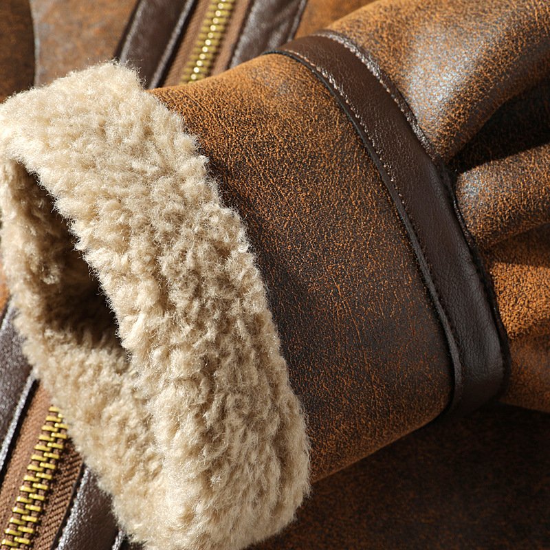 Men's Winter Faux Brown Leather Jacket Lined Fleece Coat Motorcycle Zipper Up Suede Lambswool Fleece High Street Bomber Jackets