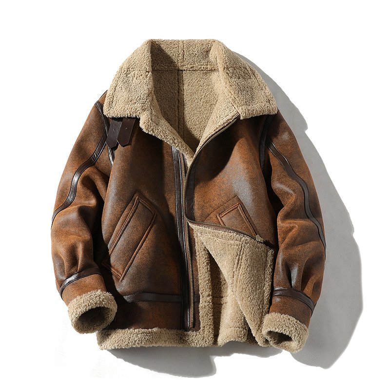 Men's Winter Faux Brown Leather Jacket Lined Fleece Coat Motorcycle Zipper Up Suede Lambswool Fleece High Street Bomber Jackets