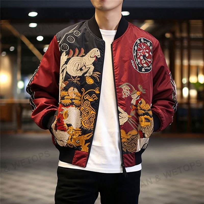 Men's Autumn Street Hip-Hop Plus Size Drop Shoulder Sleeve Men's Jacket Embroidered Loose Baseball Uniform Tapestry Jacket