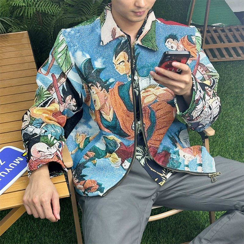 MOQ 1ps custom Yarn Dyed Hip Hop Style Dragon z Ball Zipper tapestry Jacket Pattern Decoration custom