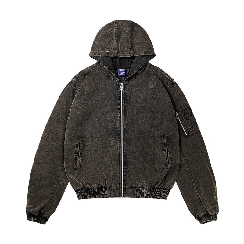 Custom Heavyweight cotton twill Work Jacket Men plain retro washed Detroit Work jacket hooded collar zipper up arm pocket Jacket