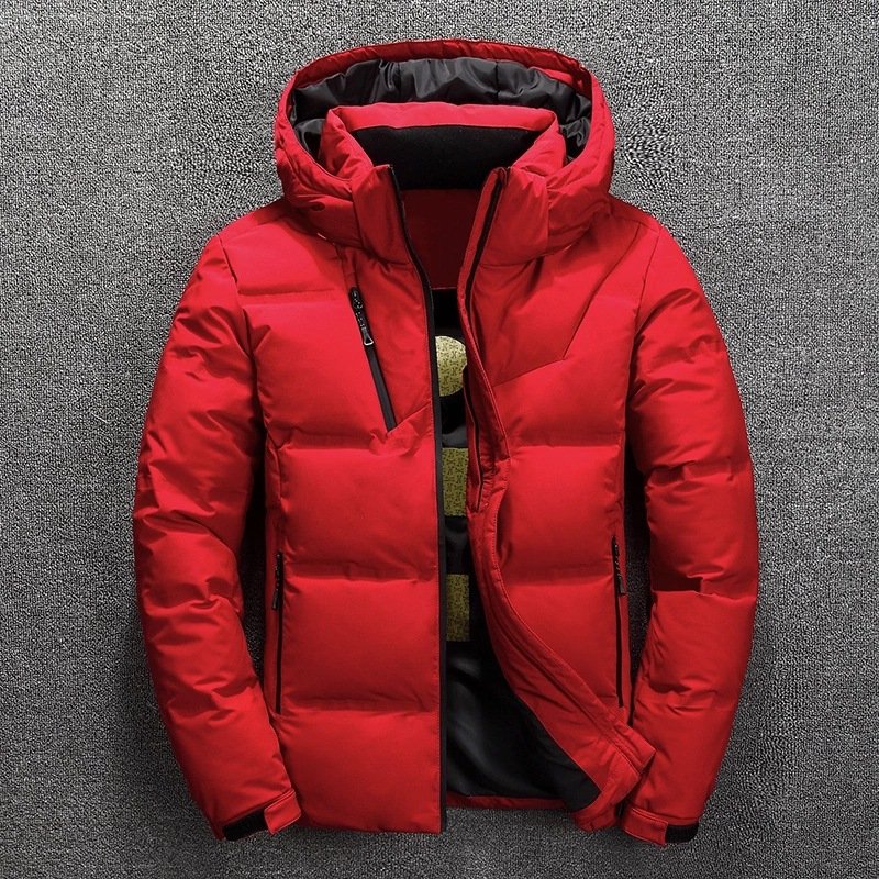 Men's Casual Winter Warm Puffer Jacket White Duck Parka with Solid Color Hooded Zippered Lined with Print Logo Outdoor Coats