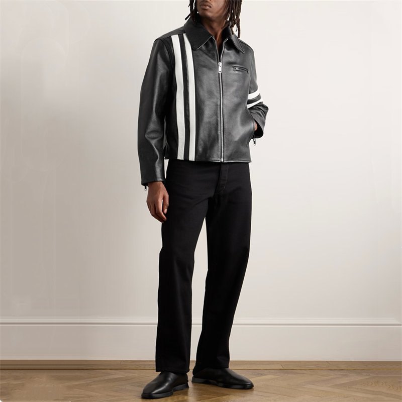 Fashionable Trend High-quality Slim-fit Zip Fastening Jacket Attractive Striped Black Ivory Full-grain Leather Jacket for Men