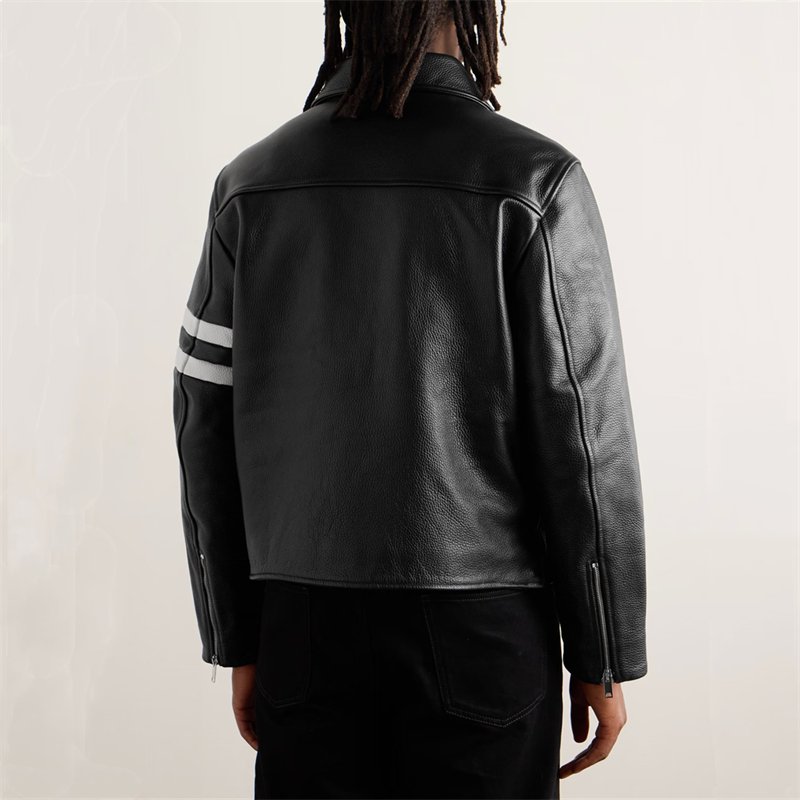 Fashionable Trend High-quality Slim-fit Zip Fastening Jacket Attractive Striped Black Ivory Full-grain Leather Jacket for Men
