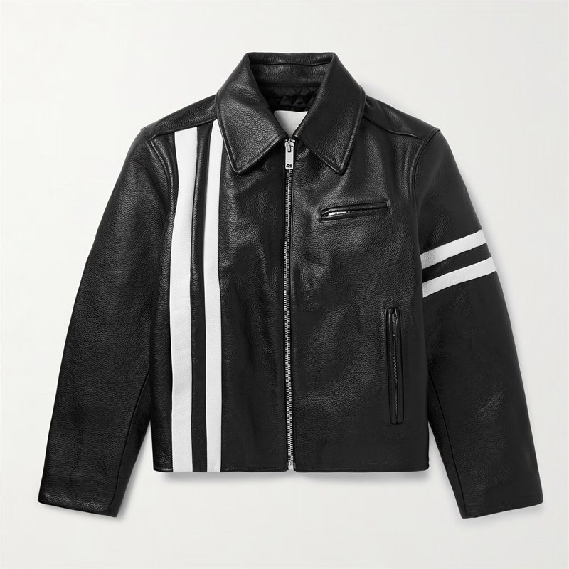Fashionable Trend High-quality Slim-fit Zip Fastening Jacket Attractive Striped Black Ivory Full-grain Leather Jacket for Men