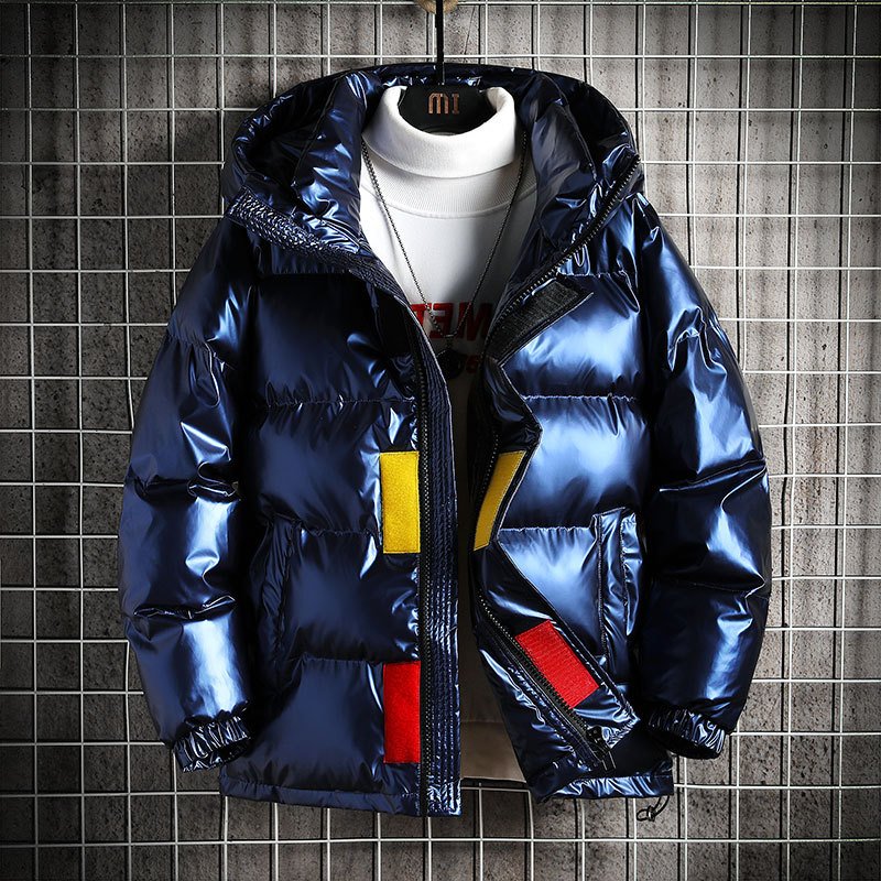 OEM Custom Design Fashion Down Coat Men's Bright Face Trend Hooded Short Thick Winter Bomber Shiny Puffer Men's Jacket