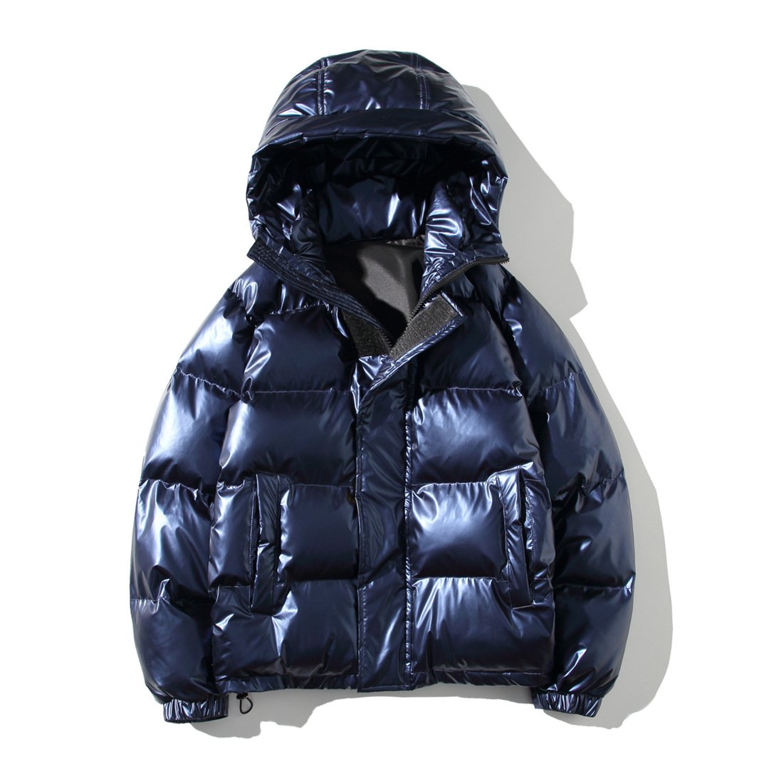 OEM Custom Design Fashion Down Coat Men's Bright Face Trend Hooded Short Thick Winter Bomber Shiny Puffer Men's Jacket