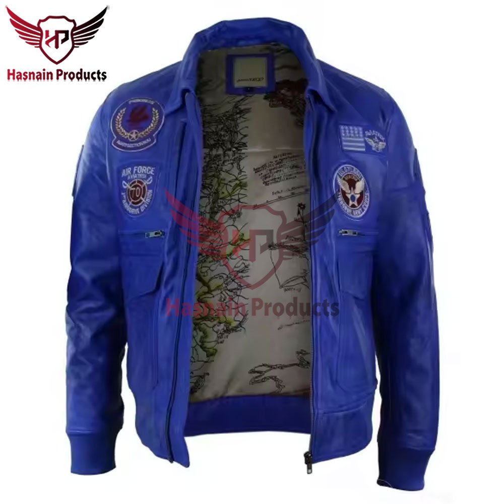 Men's Custom Made Blue Bomber Leather Jackets Real Leather Black Bomber Badge Pilot Flying Jacket - Blue Personalized