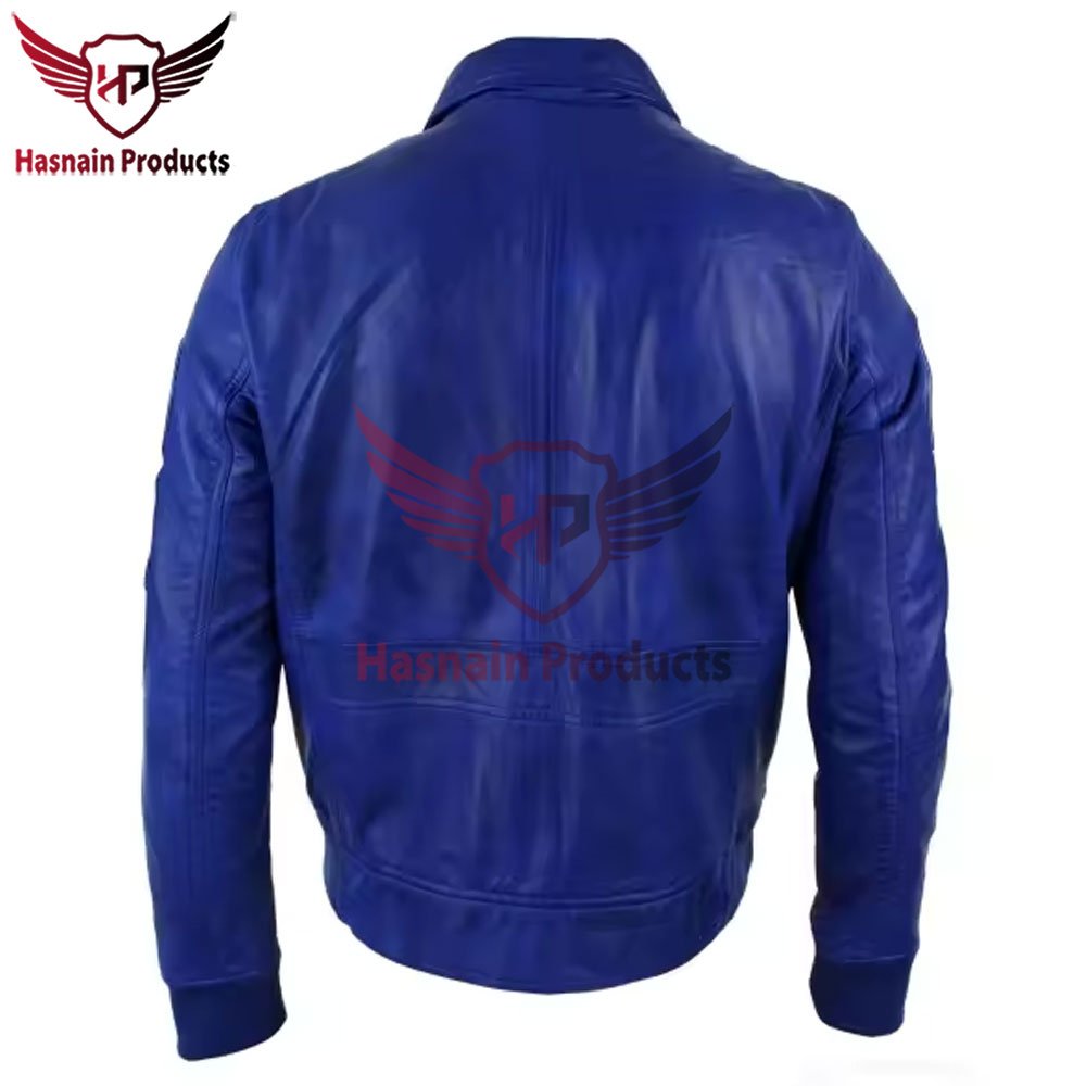 Men's Custom Made Blue Bomber Leather Jackets Real Leather Black Bomber Badge Pilot Flying Jacket - Blue Personalized