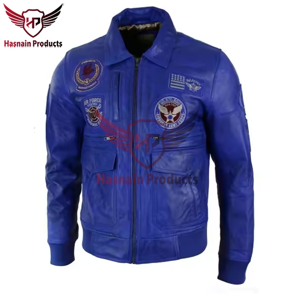 Men's Custom Made Blue Bomber Leather Jackets Real Leather Black Bomber Badge Pilot Flying Jacket - Blue Personalized