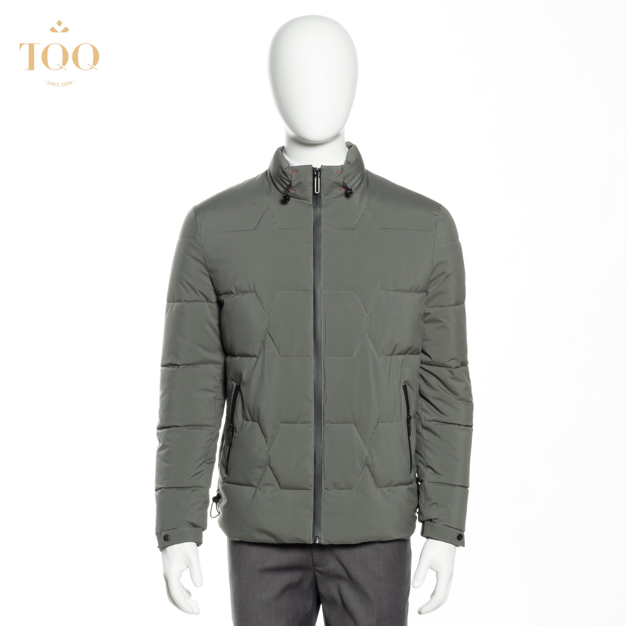 Polyester Winter mens casual jacket Stretch Puffer Jacket in with 3 Pockets in Olive Green Length style Regular Stand Collar