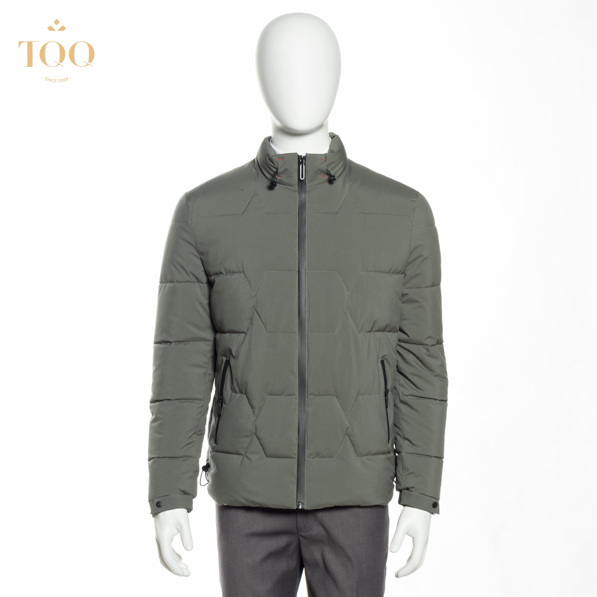 Polyester Winter mens casual jacket Stretch Puffer Jacket in with 3 Pockets in Olive Green Length style Regular Stand Collar