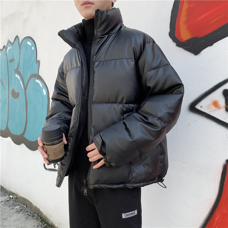 OEM Custom Design products 2023 Men's Jackets man clothing fashion short black puffer jacket shining Pu leather Jacket Man