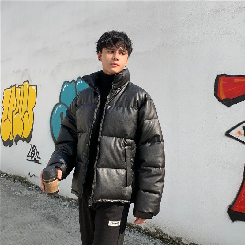 OEM Custom Design products 2023 Men's Jackets man clothing fashion short black puffer jacket shining Pu leather Jacket Man