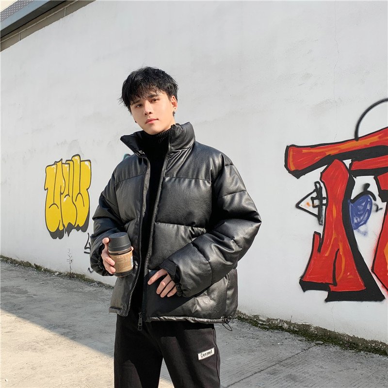 OEM Custom Design products 2023 Men's Jackets man clothing fashion short black puffer jacket shining Pu leather Jacket Man