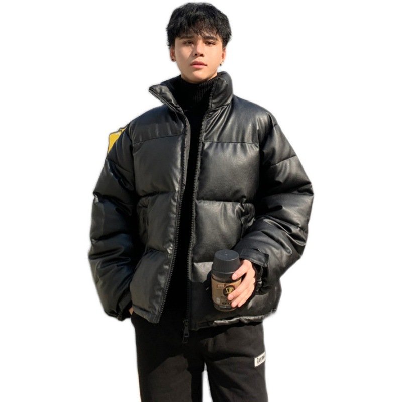 OEM Custom Design products 2023 Men's Jackets man clothing fashion short black puffer jacket shining Pu leather Jacket Man