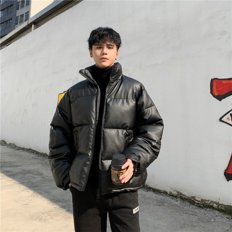 OEM Custom Design products 2023 Men's Jackets man clothing fashion short black puffer jacket shining Pu leather Jacket Man