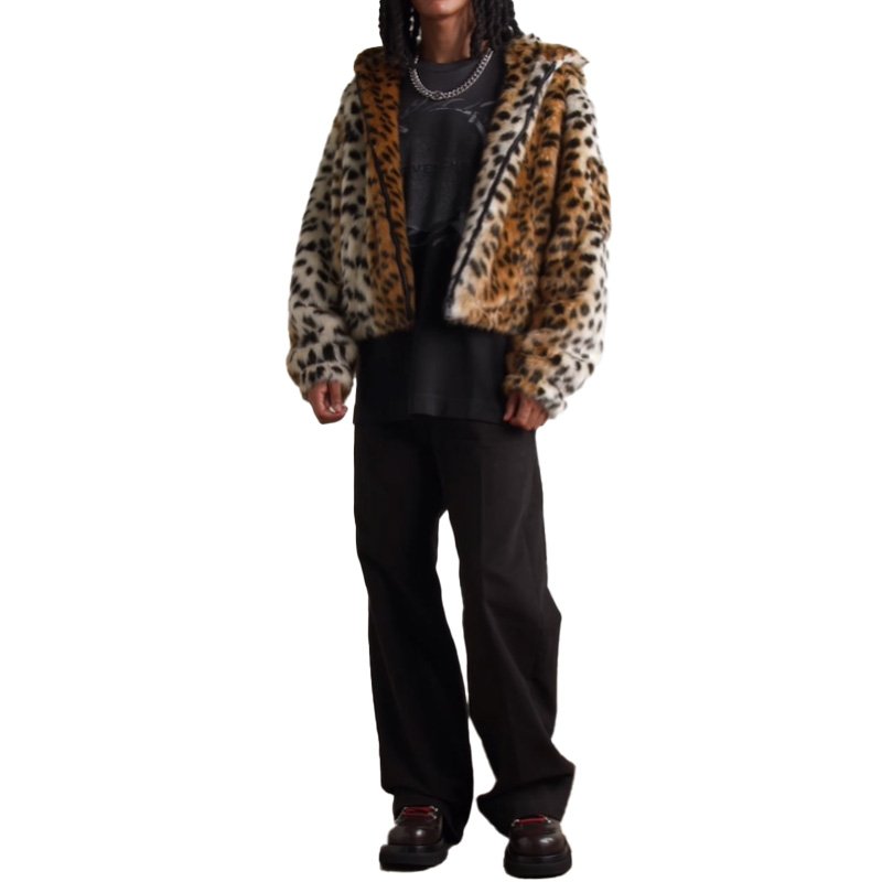 New arrivals fashion casual comfortable unisex style cropped cheetah-print faux fur hooded bomber jacket