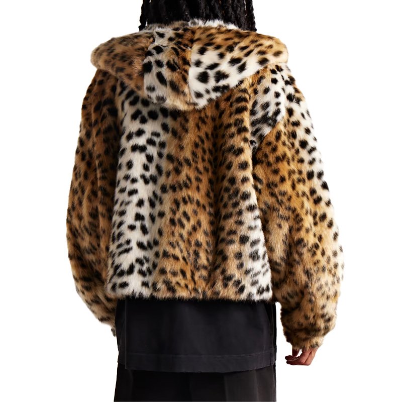 New arrivals fashion casual comfortable unisex style cropped cheetah-print faux fur hooded bomber jacket