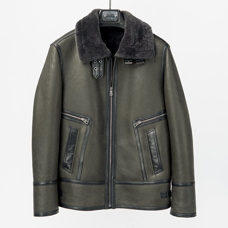 NAFA Custom Brand Winter Vintage Soft Natural Sheep Wool Shearling Fur Men's Turn Down Collar Bomber Jacket