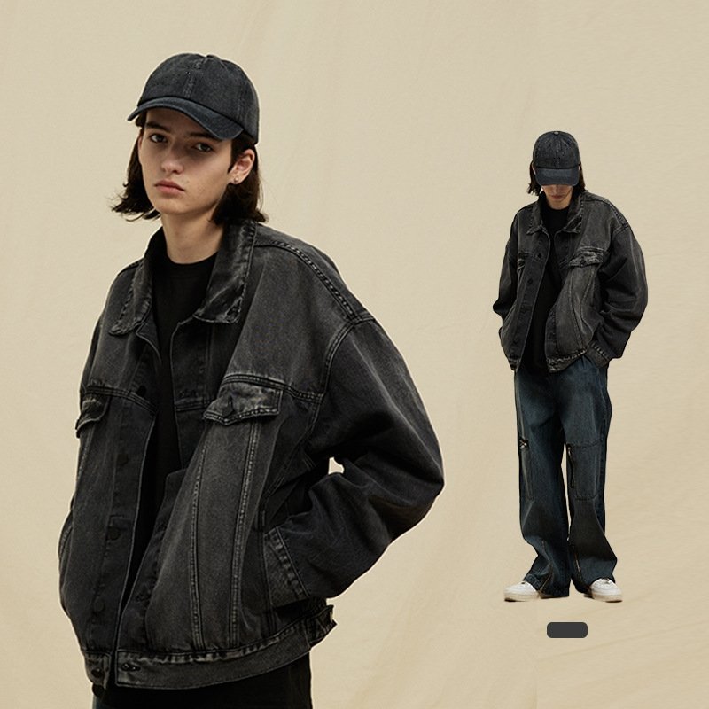 2023 New Autumn and Winter High Quality American Style and Street Style Casual Loose Short Black Basic Washed Denim Men's Jacket