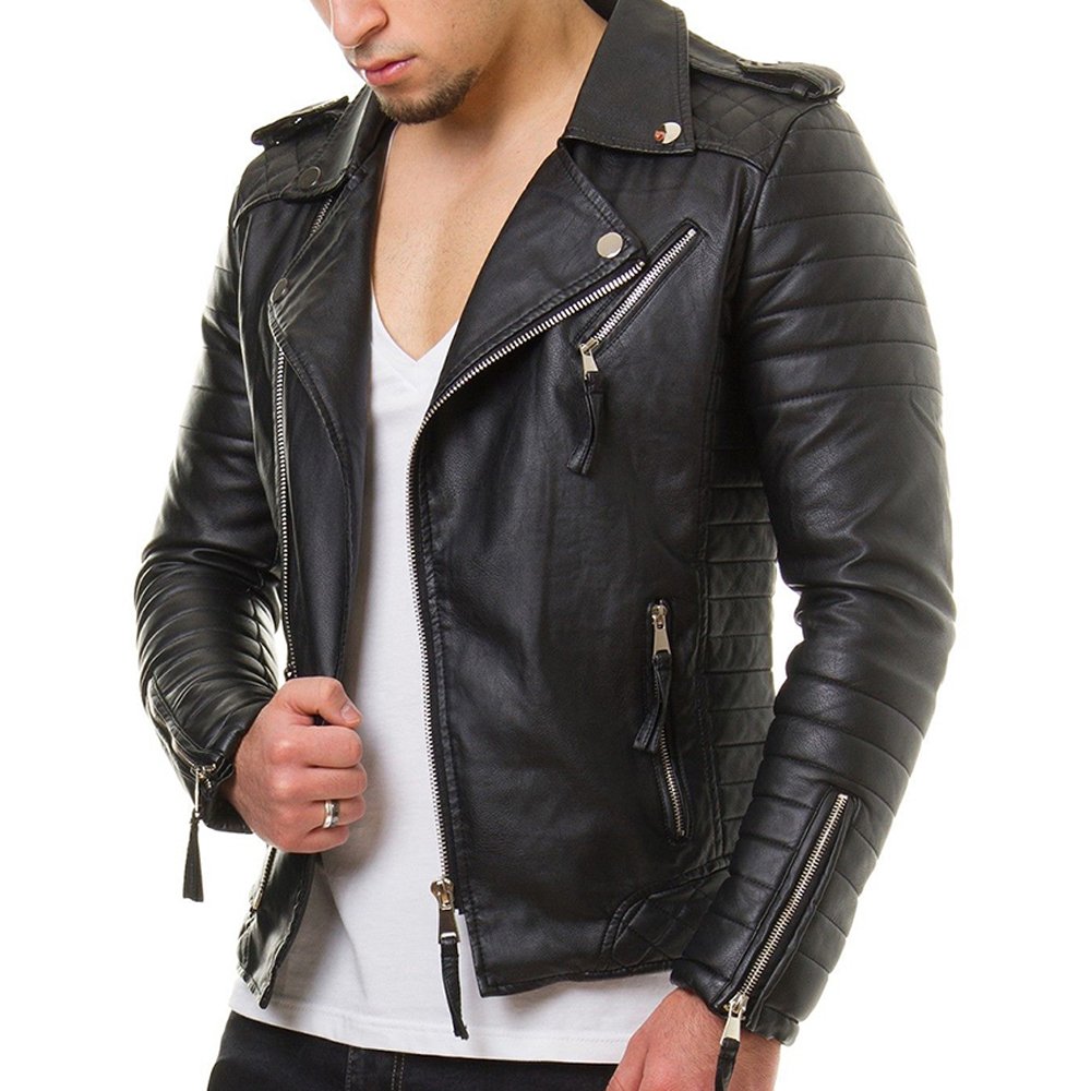New Men's Slim Summer Casual Black and Rock Style Studded Spiked Leather Jacket Biker Zipper Closure stand OEM