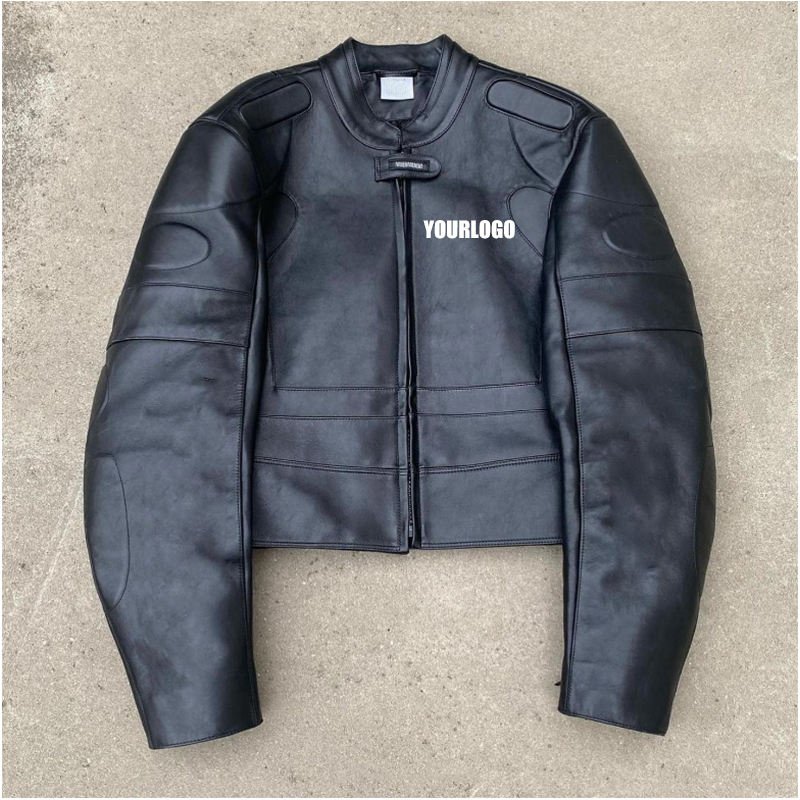 High quality casual zip up moto leather green leather jacket men custom logo embossed designer blank pure plus size men's jacket
