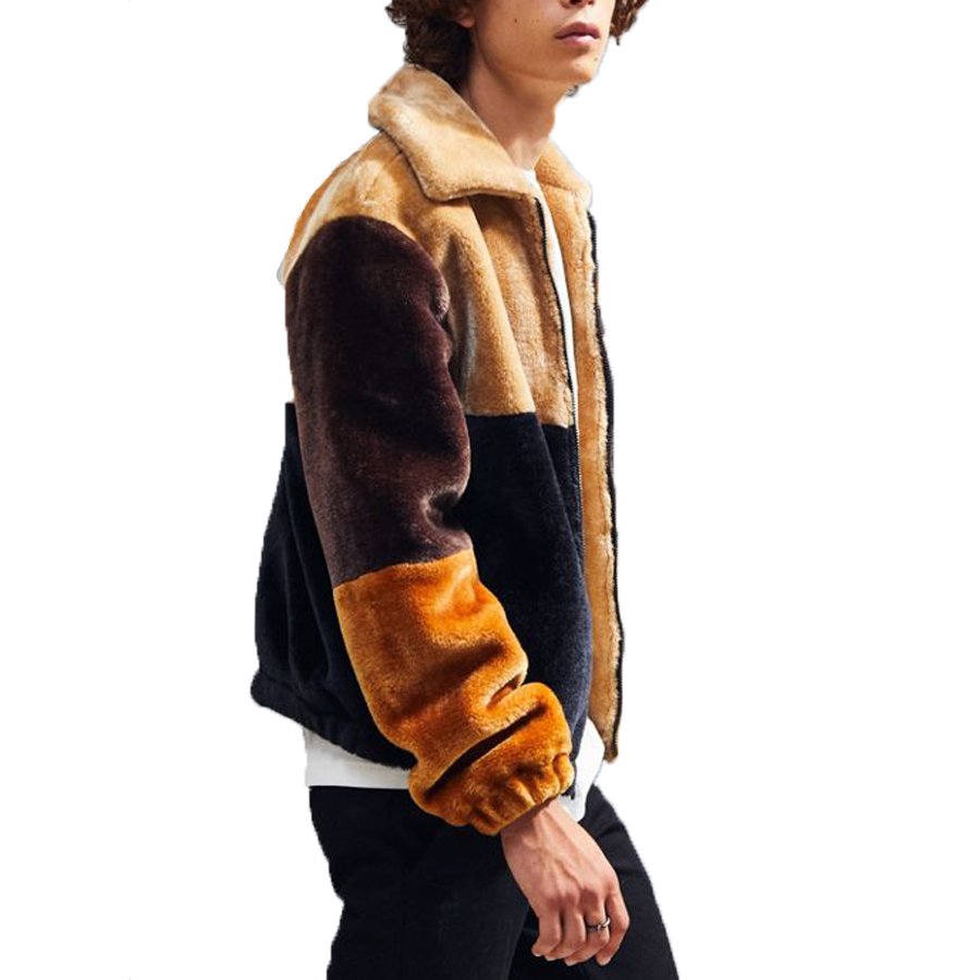 Oem Winter Custom Splicing Men's Full Zipper Faux Fur Jacket Warm Coat