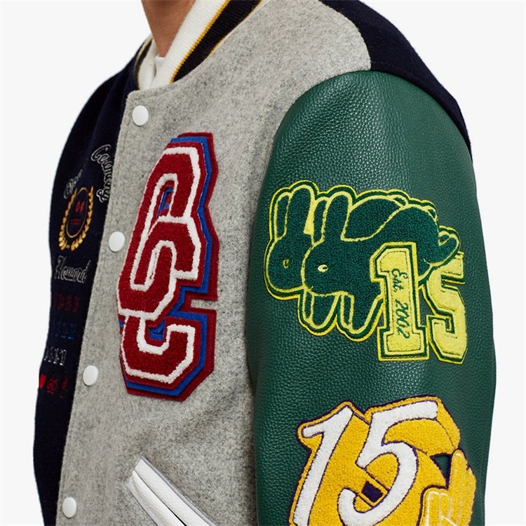OEM custom leather sleeve patch chenille embroidery vintage baseball bomber letterman varsity jacket for men