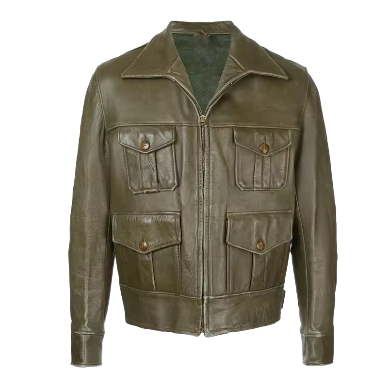 Wholesale fashion casual unisex style safari men's jacket vintage green men's leather jacket