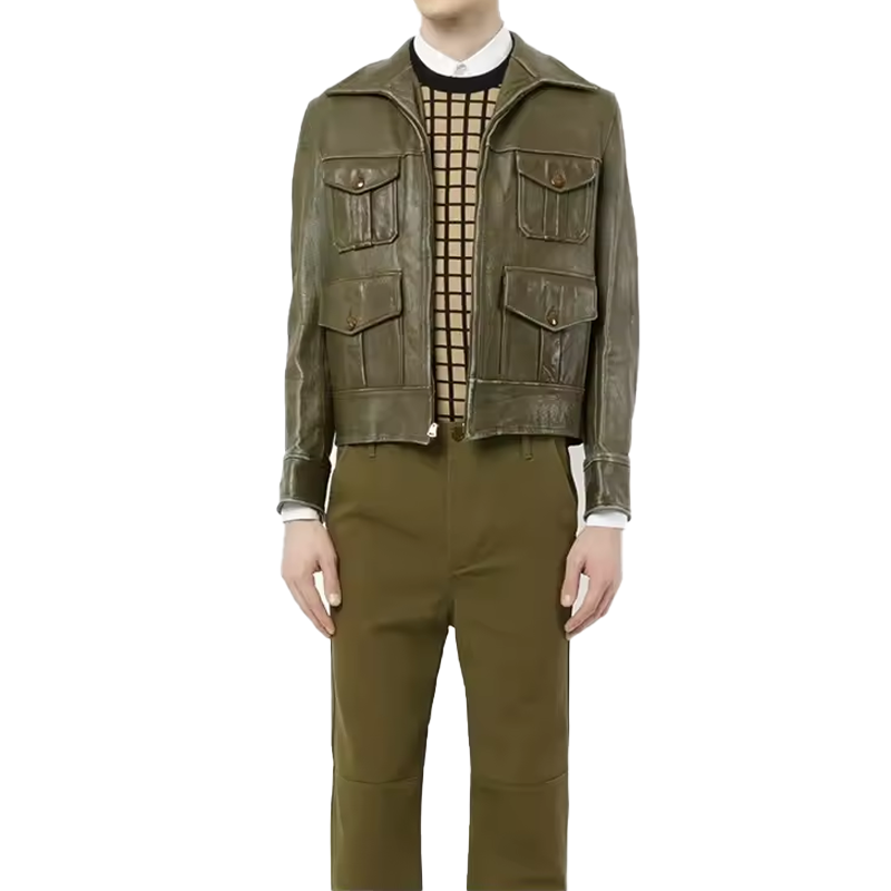 Wholesale fashion casual unisex style safari men's jacket vintage green men's leather jacket