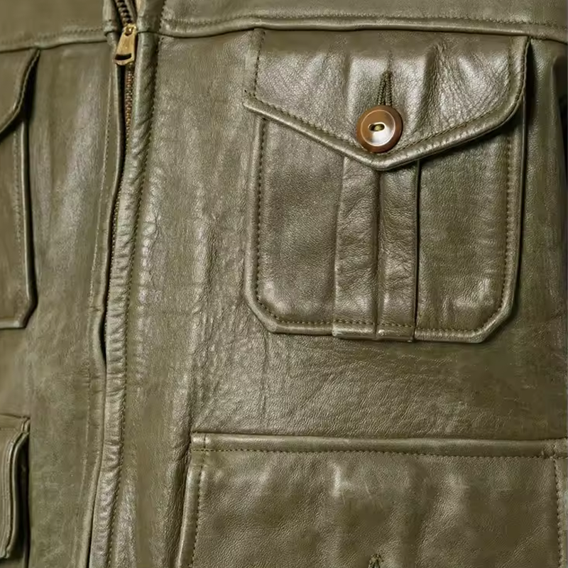 Wholesale fashion casual unisex style safari men's jacket vintage green men's leather jacket