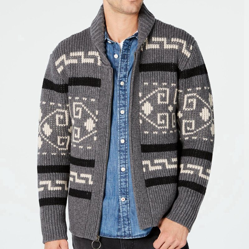 American retro style jacquard knitted jacket, casual long sleeved autumn and winter zipper cardigan sweater jacket, in stock