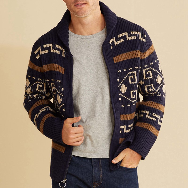 American retro style jacquard knitted jacket, casual long sleeved autumn and winter zipper cardigan sweater jacket, in stock
