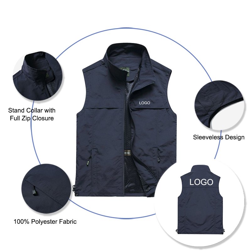 Men's Stand Collar Outdoor Fishing Sleeveless Jackets with Mesh Lining Spring Summer Custom Logo Waistcoat