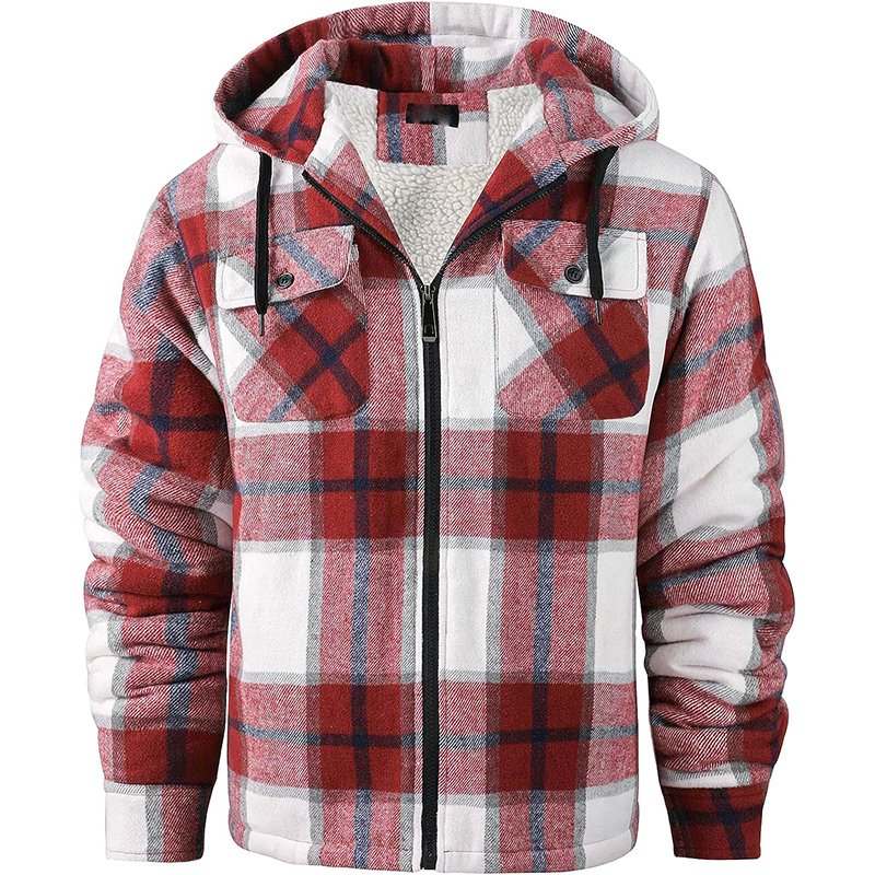 Custom Logo Men's Sherpa Fleece Lined Flannel Jacket Shirt Warm Brushed Plaid Shirt jackets For Men