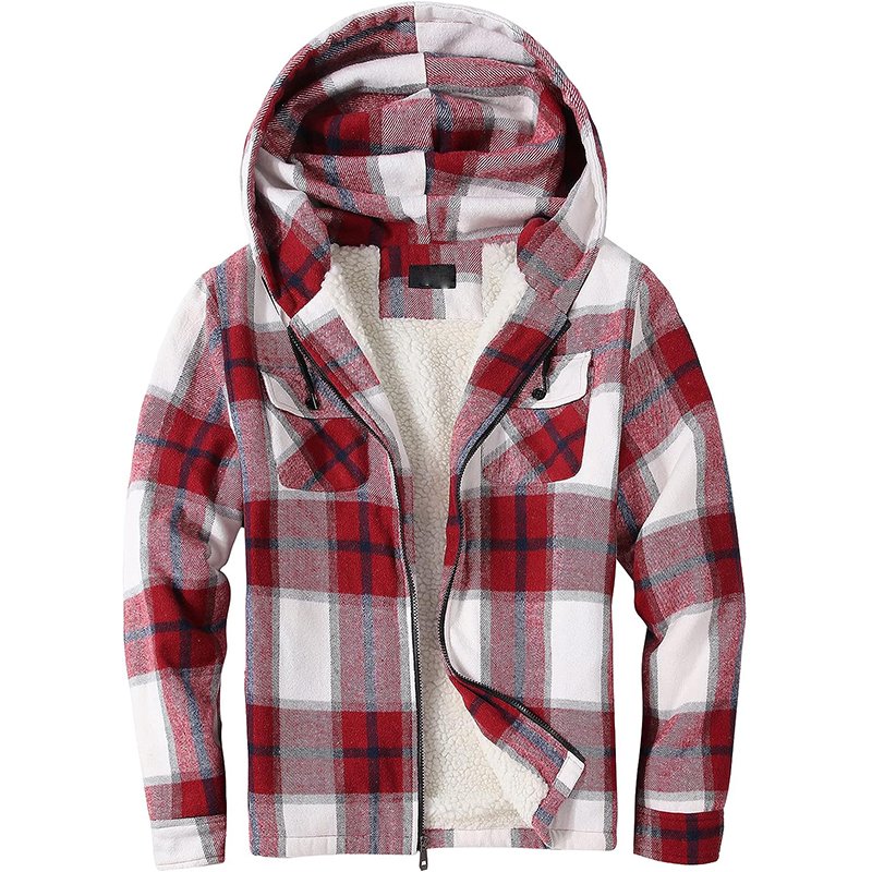 Custom Logo Men's Sherpa Fleece Lined Flannel Jacket Shirt Warm Brushed Plaid Shirt jackets For Men