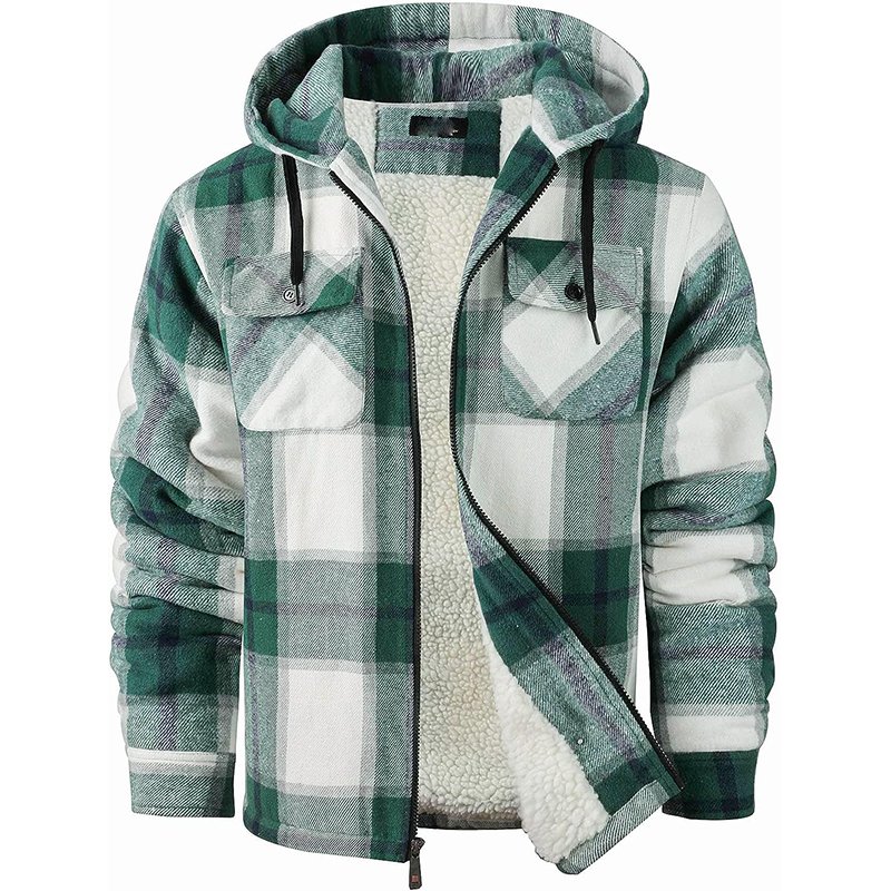 Custom Logo Men's Sherpa Fleece Lined Flannel Jacket Shirt Warm Brushed Plaid Shirt jackets For Men