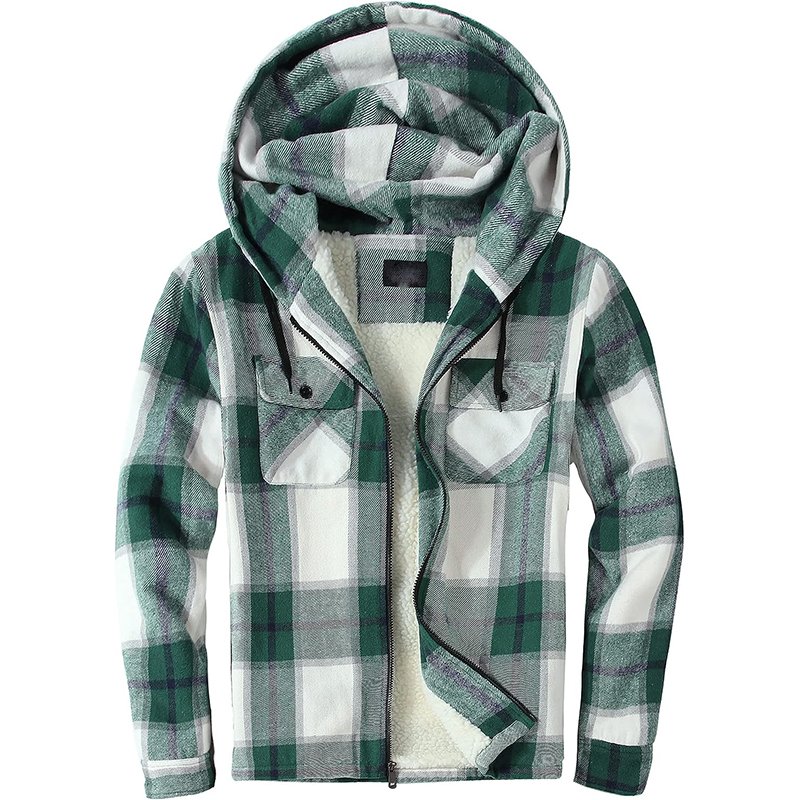 Custom Logo Men's Sherpa Fleece Lined Flannel Jacket Shirt Warm Brushed Plaid Shirt jackets For Men