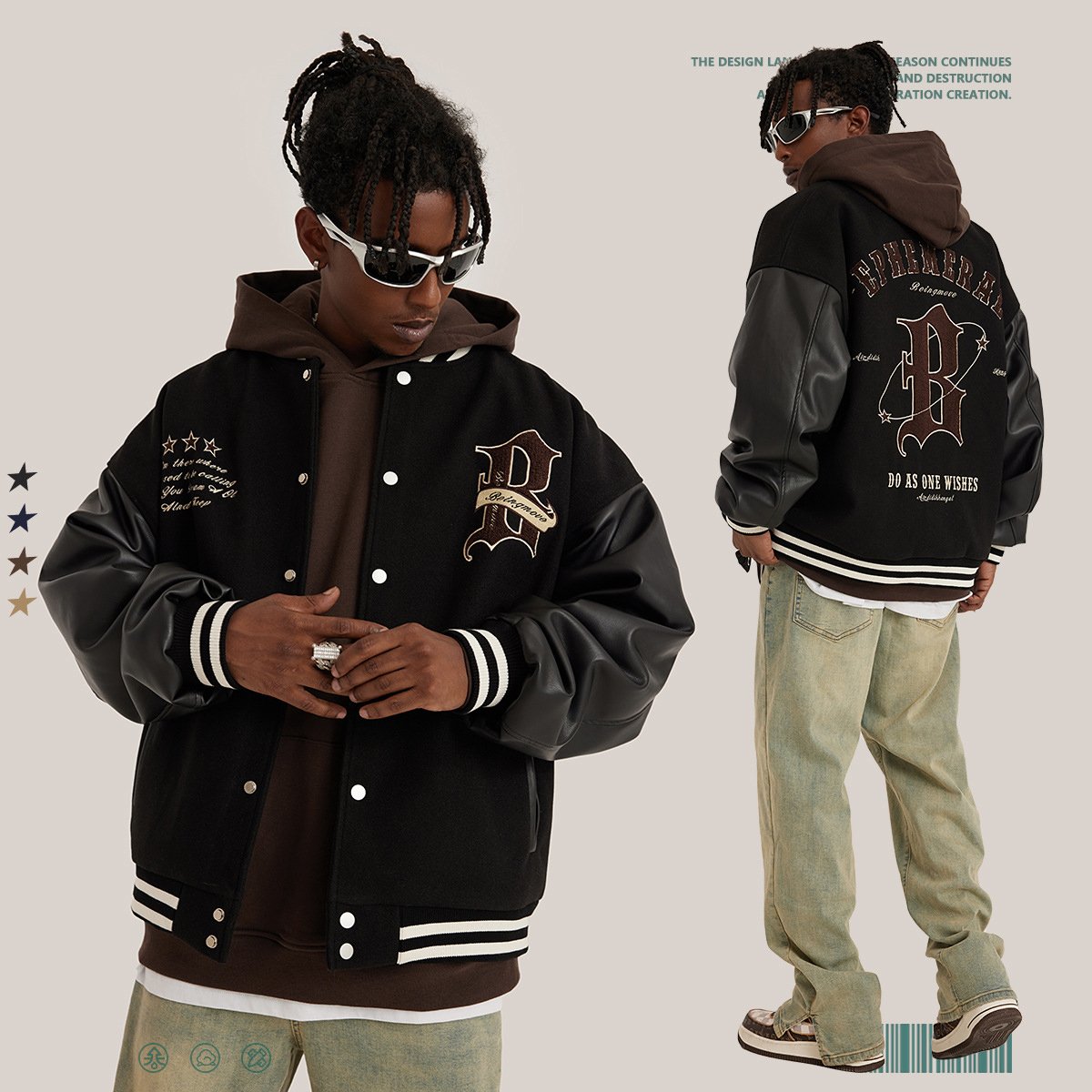 2022 Custom Logo Leather Sleeves Embroidery Black Couple College Baseball Men's Jacket Letterman Light Blue Varsity Jacket