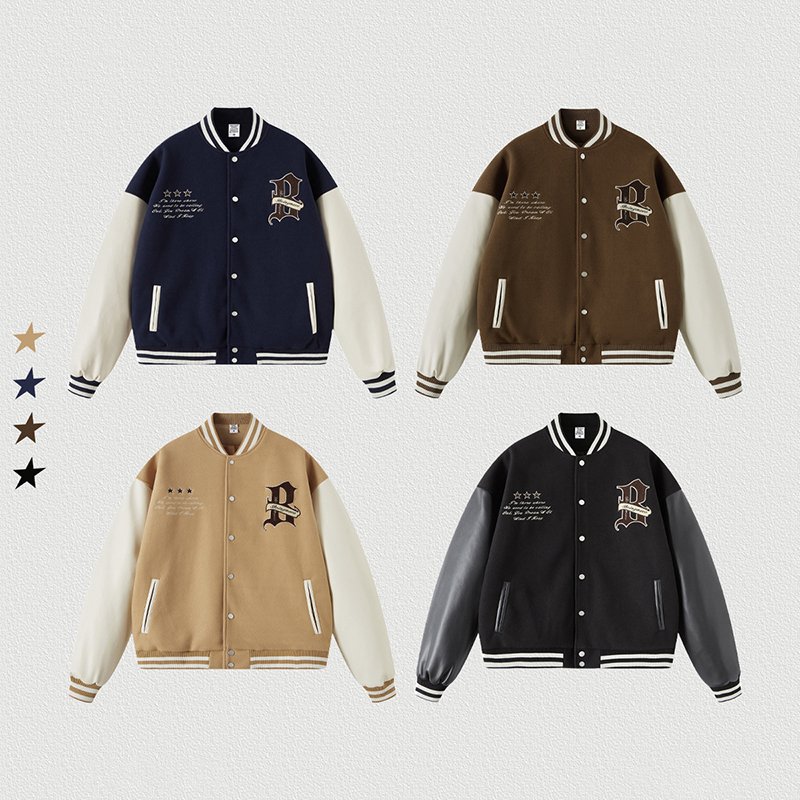 2022 Custom Logo Leather Sleeves Embroidery Black Couple College Baseball Men's Jacket Letterman Light Blue Varsity Jacket