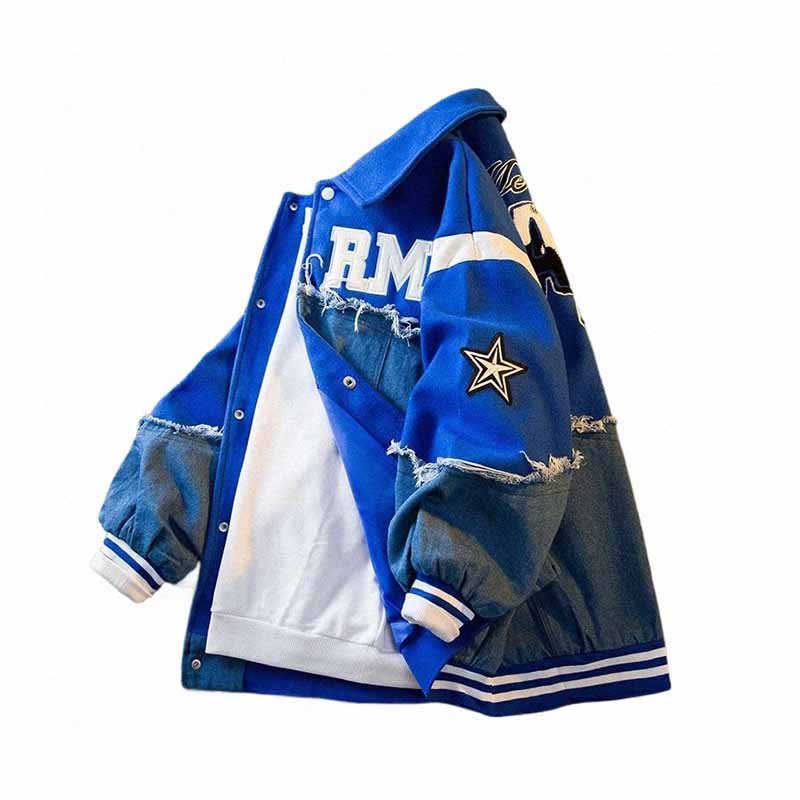 American Street Men's Embroidered Denim Splicing Baseball Uniform Men's Spring And Fall Fashion Retro Windproof Jacket