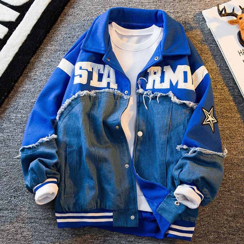 American Street Men's Embroidered Denim Splicing Baseball Uniform Men's Spring And Fall Fashion Retro Windproof Jacket