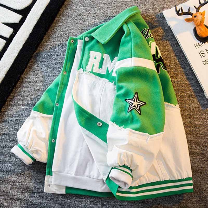 American Street Men's Embroidered Denim Splicing Baseball Uniform Men's Spring And Fall Fashion Retro Windproof Jacket