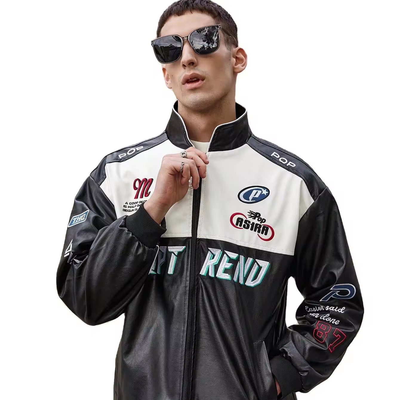 American Men's Retro PU Leather Flying Jacket Men's Text & Graphic Print Racing Leather Jacket