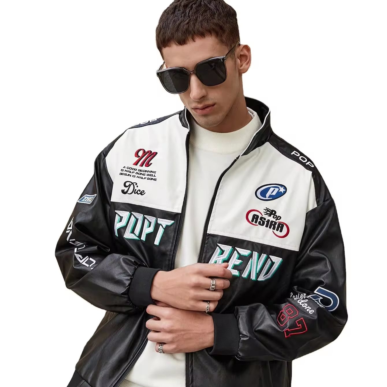American Men's Retro PU Leather Flying Jacket Men's Text & Graphic Print Racing Leather Jacket