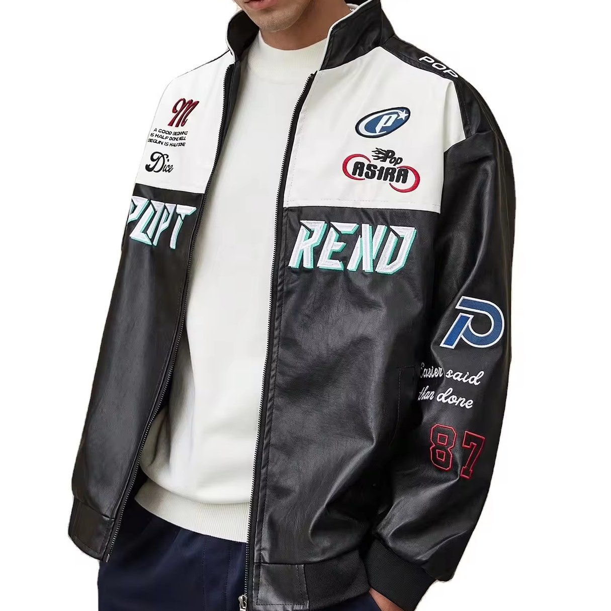 American Men's Retro PU Leather Flying Jacket Men's Text & Graphic Print Racing Leather Jacket